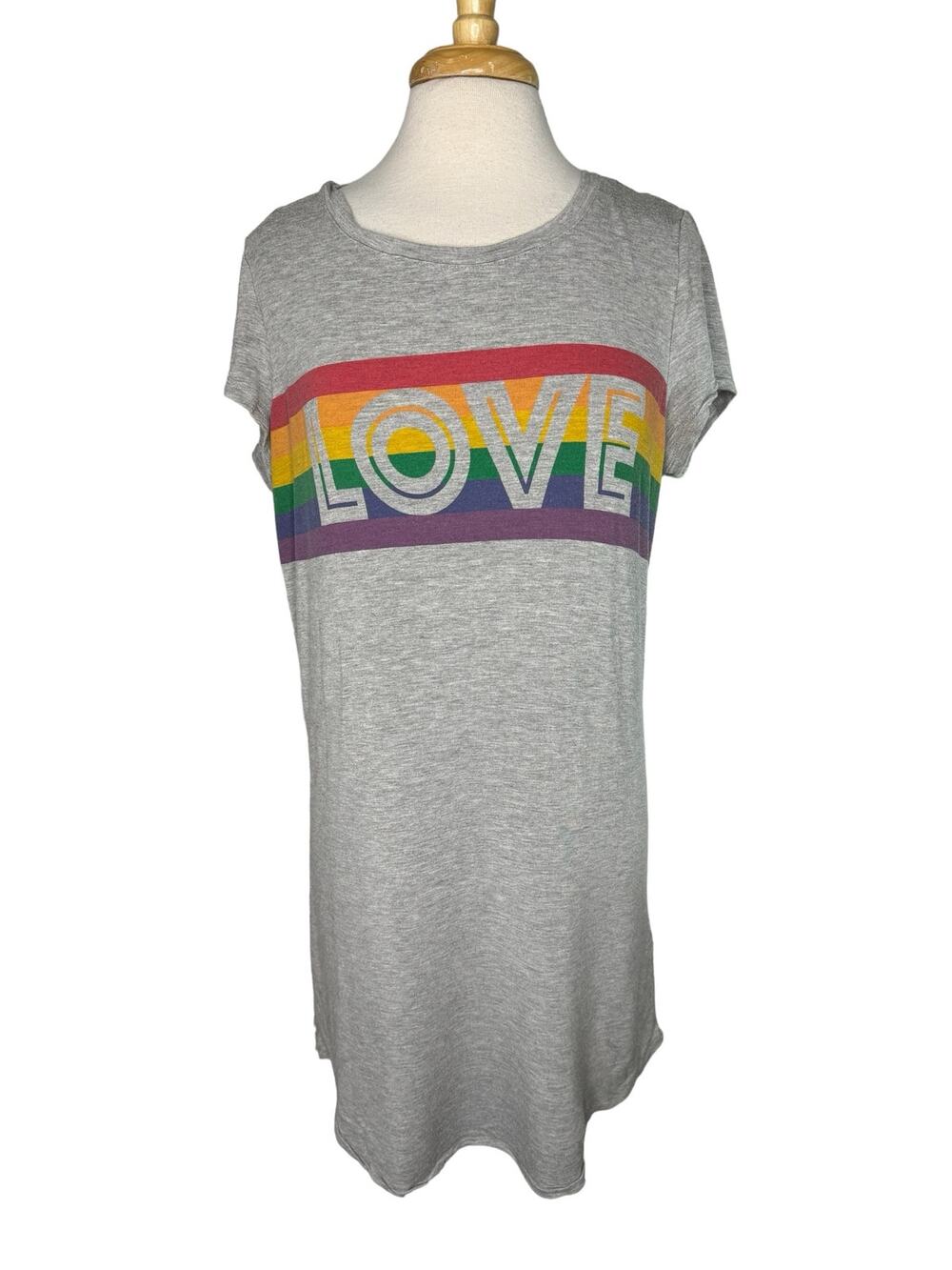 ISAAC MIZRAHI Gray Rainbow Stripe Love Sleep Shirt Nightgown Size Large Rayon